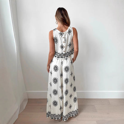 Ensemble Femme Deux Pièces – Haut Court Sans Manches – Pantalon Large Taille Haute – Broderie