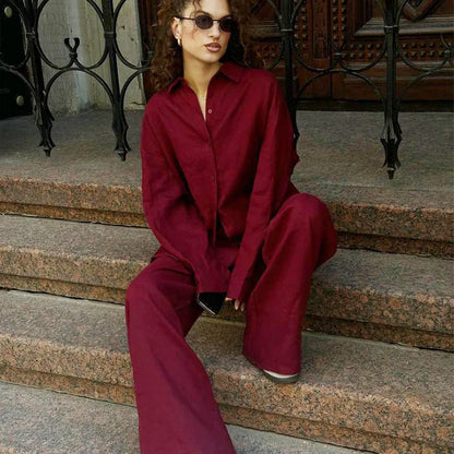 Ensemble Femme Deux Pièces – Lin – Coupe Décontractée – Chemise Oversize – Pantalon Large