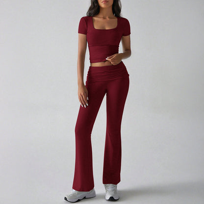 Ensemble Femme Deux Pièces – Haut Court Ajusté Col Carré – Pantalon Évasé Taille Haute