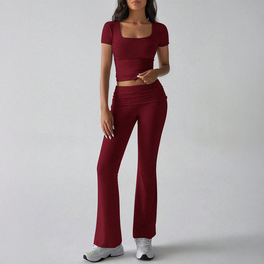 Ensemble Femme Deux Pièces – Haut Court Ajusté Col Carré – Pantalon Évasé Taille Haute