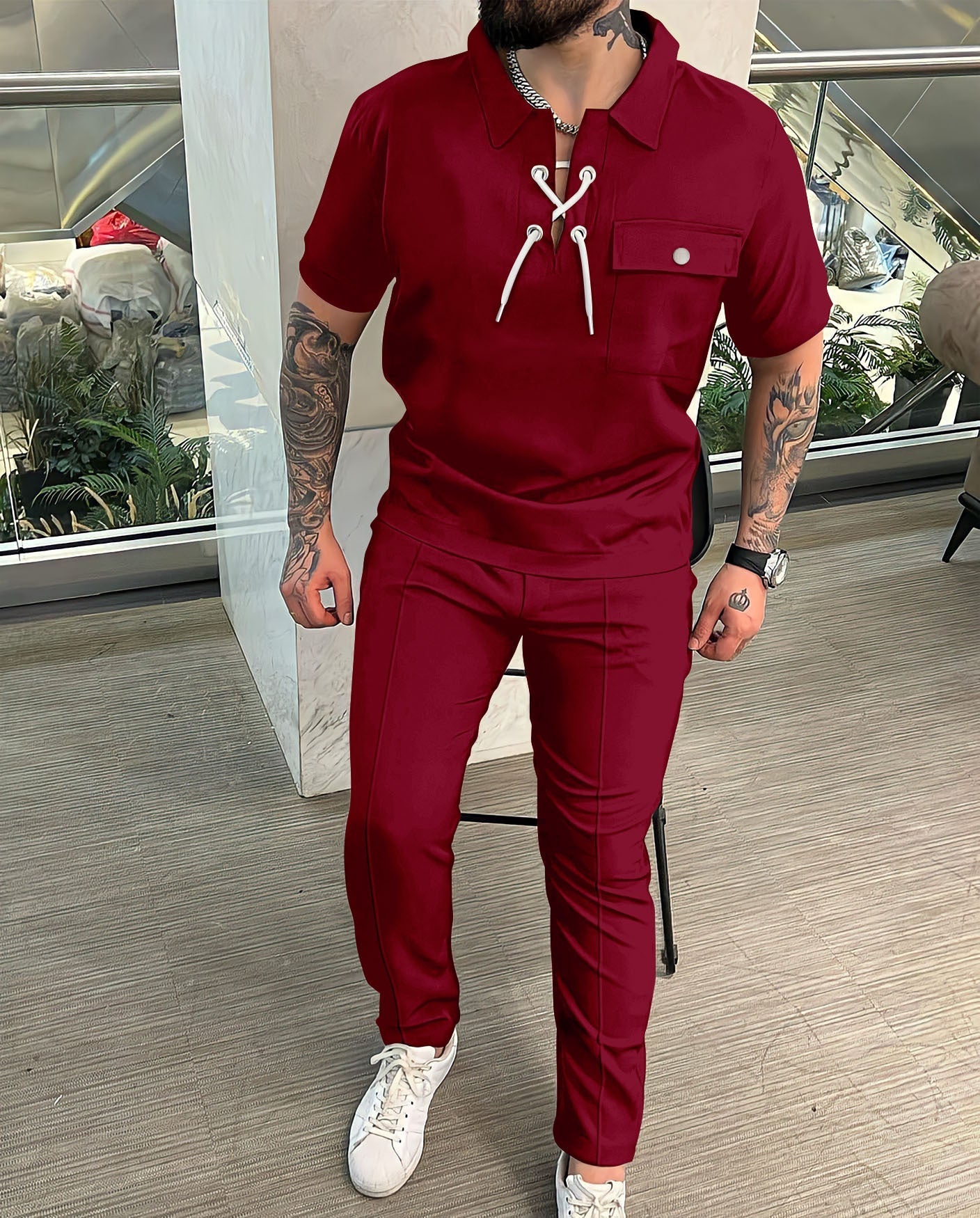 Men's two-piece set – Top with lace-up collar – Matching pants – Slim fit – Breathable fabric