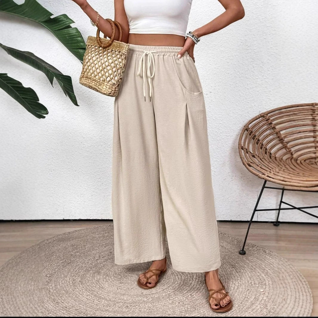 Pantalon large femme – Coupe décontractée – Taille élastique avec cordon