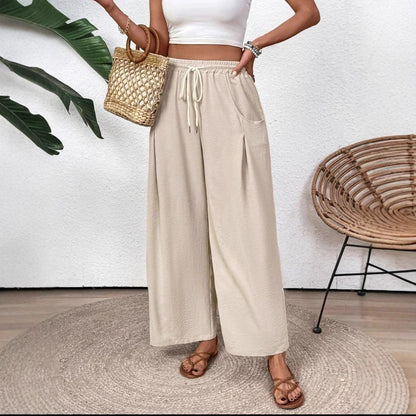Pantalon large femme – Coupe décontractée – Taille élastique avec cordon