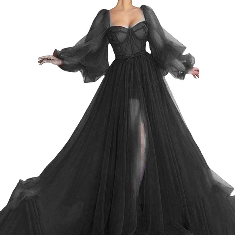 Robe de soirée femme – Tulle fluide – Décolleté cœur – Manches volumineuses – Fente élégante