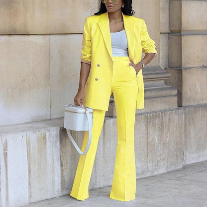 Ensemble pantalon blazer femme – Coupe droite – Veste boutonnée – Jambe large fluide