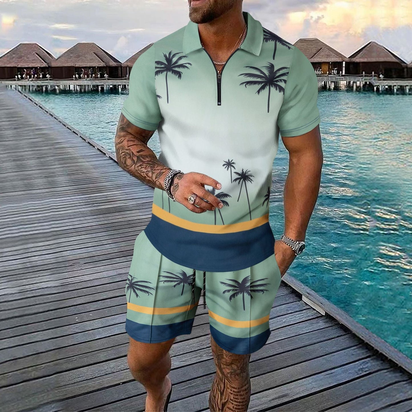 Ensemble Deux Pièces Homme – Coupe Slim – Col Zippé – Motif Tropical