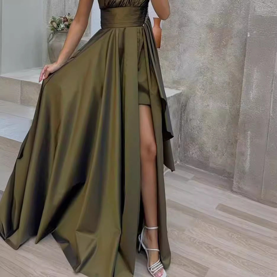 Robe de soirée femme – Épaule unique – Tissu luxueux – Jupe fendue fluide