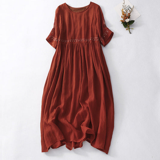 Robe longue femme – Coupe fluide – Coton – Taille dentelle crochet – Manches courtes