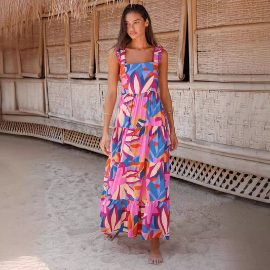 Robe longue femme – Coupe ample – Sans manches – En coton – Jupe à volants – Col carré
