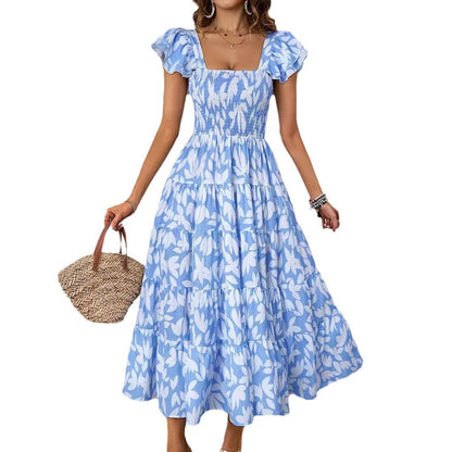 Robe longue femme – Bretelles volantées – Buste smocké – Jupe évasée à volants – Tissu respirant
