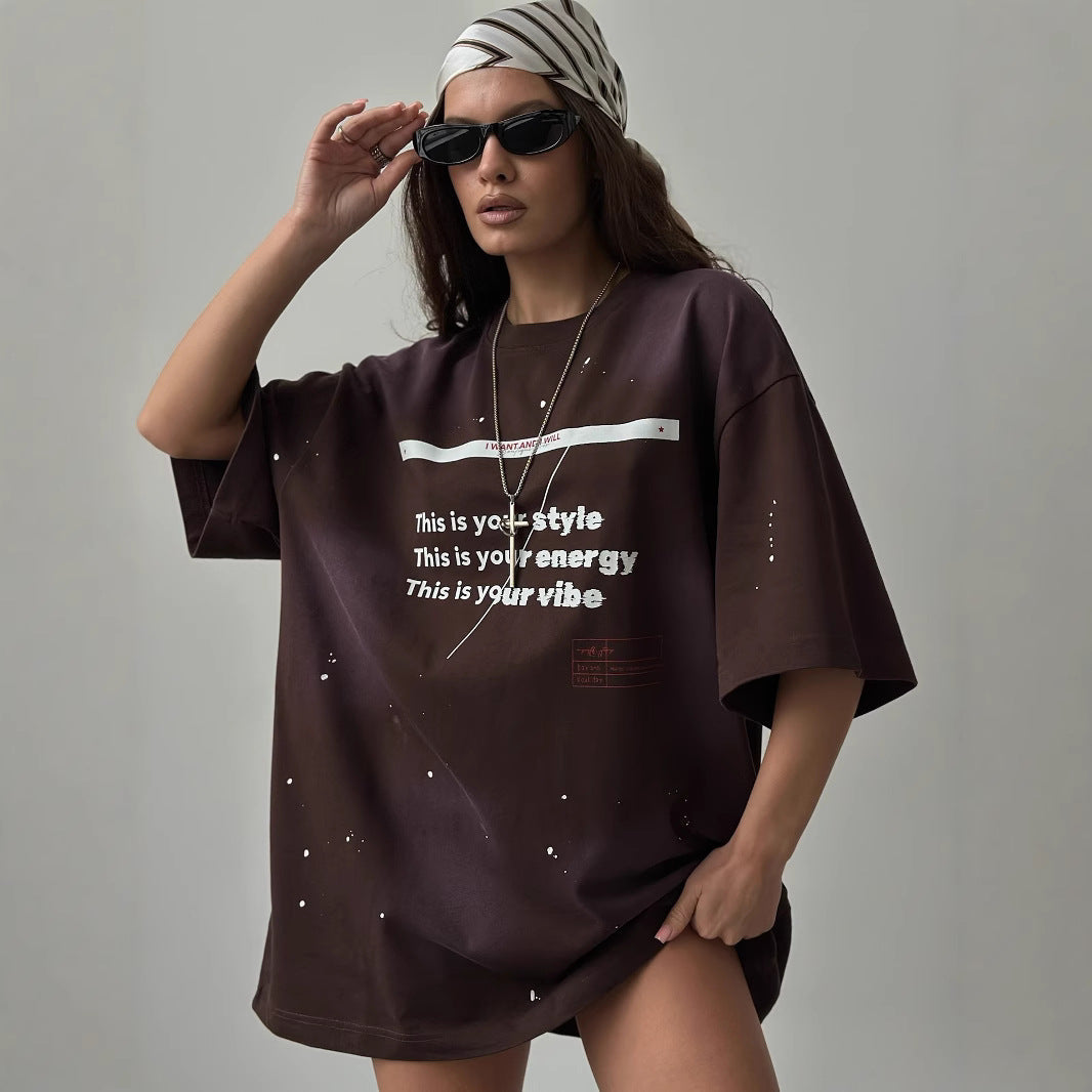 T-shirt oversize femme – Coupe ample – Motif vintage usé – Toucher doux respirant