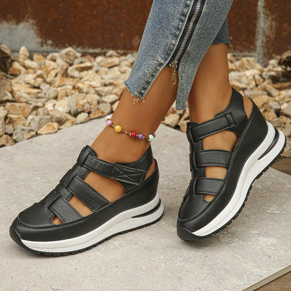 Sandales compensées femme – Bout fermé – Design ajouré – Bride réglable – Semelle plateforme