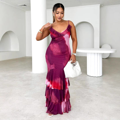 Robe longue femme – Coupe ajustée – Bretelles fines – Volants – Jupe à étages