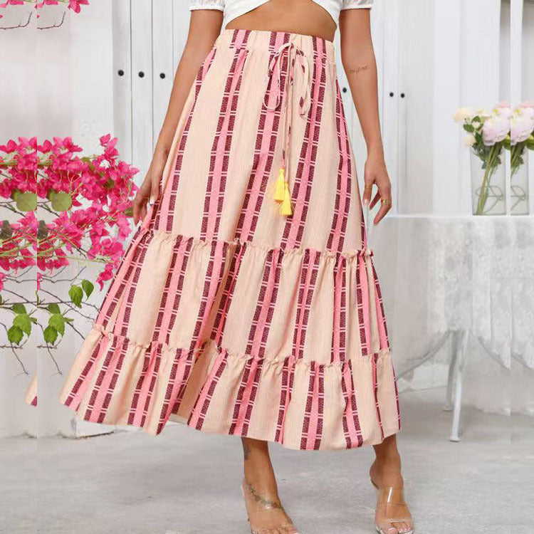 Jupe longue femme – Coupe fluide – Style bohème – Taille lien à pampilles – Coton