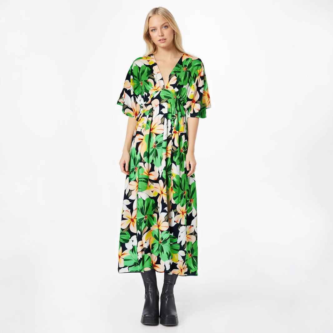 Robe femme – Taille haute – Tissu fluide respirant – Imprimé – Manches courtes larges