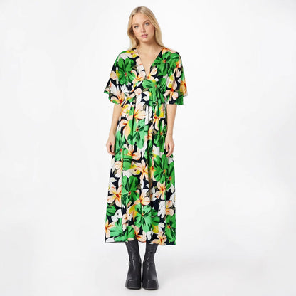 Robe femme – Taille haute – Tissu fluide respirant – Imprimé – Manches courtes larges