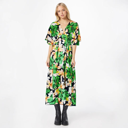 Robe femme – Taille haute – Tissu fluide respirant – Imprimé – Manches courtes larges