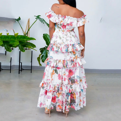 Robe longue femme – Fibres naturelles – Épaules dénudées – Volants à étages – Coupe fluide