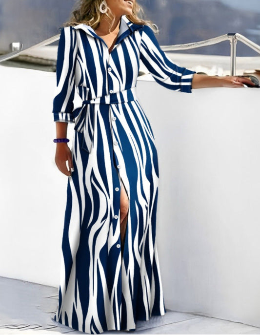Robe chemise femme – Coupe cintrée – Manches longues – Imprimé abstrait – Ceinture – Boutonnée