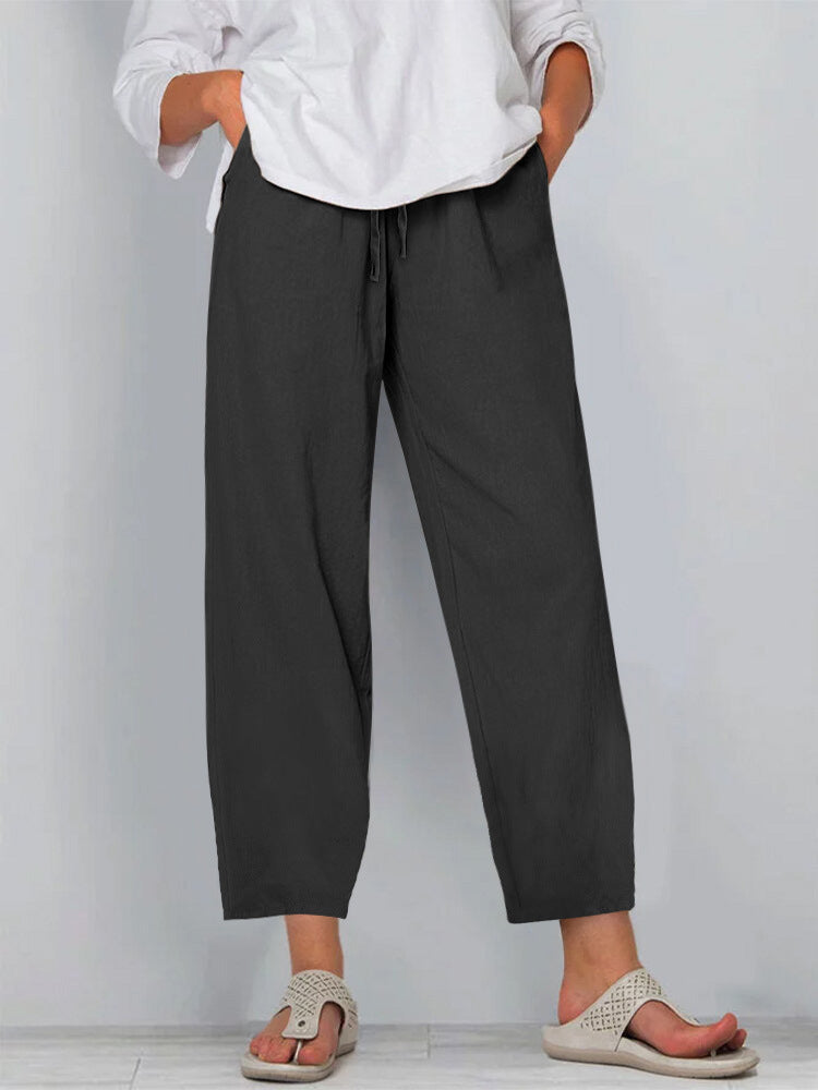 Pantalon femme large – Lin coton – Taille élastique avec cordon – Coupe décontractée