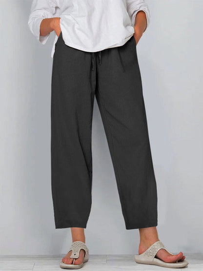Pantalon femme large – Lin coton – Taille élastique avec cordon – Coupe décontractée