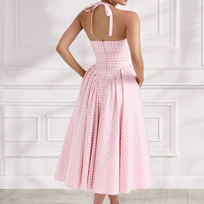 Robe femme midi – Col halter – Coupe ajustée – Jupe plissée évasée – Coton