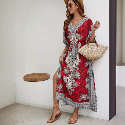Robe longue femme – Tissu respirant – Coupe fluide – Manches courtes larges – Col en V