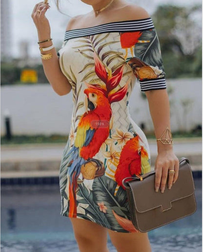 Robe femme épaules dénudées – Coupe slim – Mini – Imprimé graphique