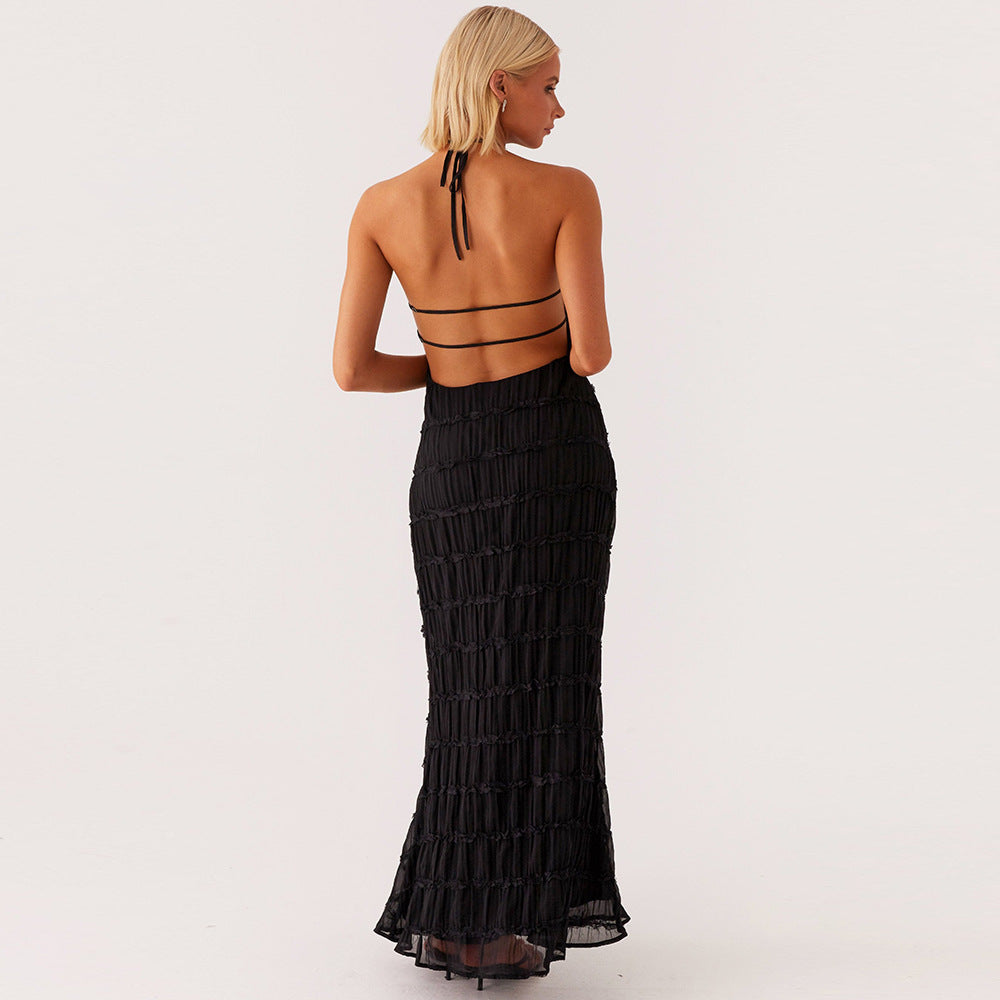 Robe longue femme – Coupe moulante – Tissu plissé – Dos nu – Tenue élégante