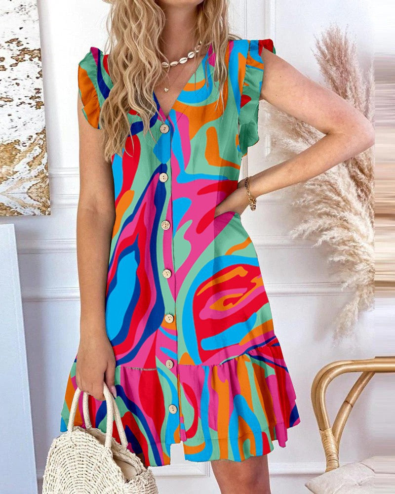 Robe Femme Évasée – Imprimé Fleuri – Col V – Sans Manches – Boutonnage – Volants