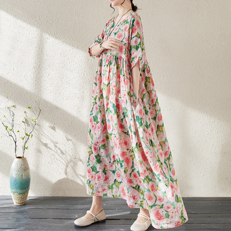 Robe longue femme – Imprimé fleuri – Coupe ample – Manches trois-quarts – Style fluide