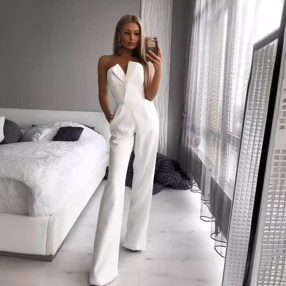 Combinaison Femme – Coupe Ajustée – Encolure Asymétrique – Jambes Larges Élégantes