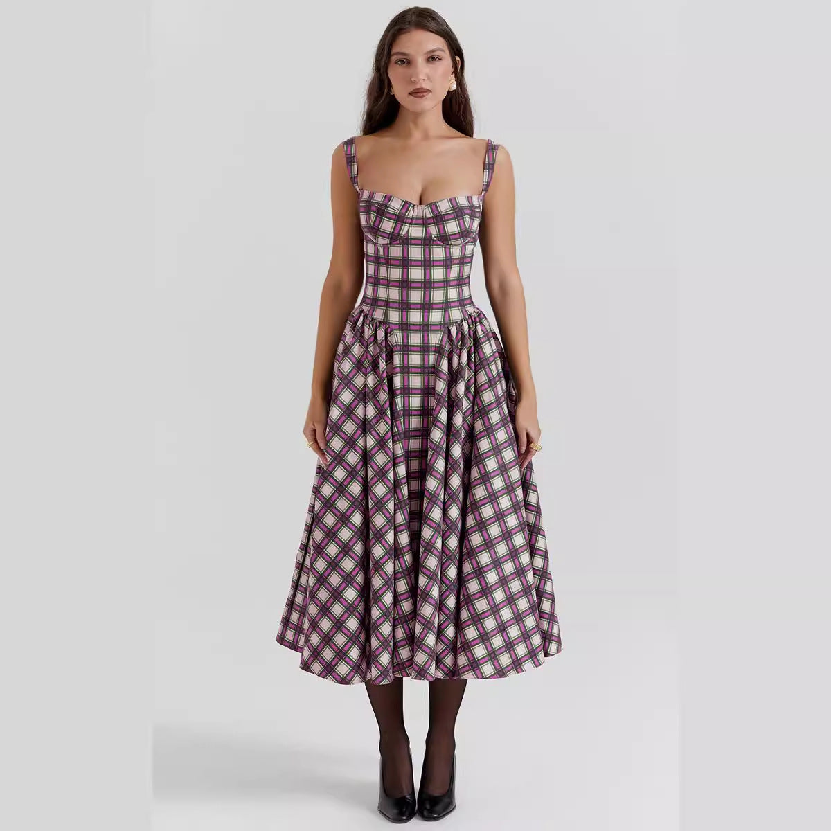 Robe Longue Femme – Motif Carreaux Élégant – Décolleté Cœur – Tissu Fluide avec Poches