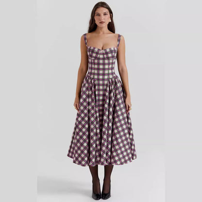 Robe Longue Femme – Motif Carreaux Élégant – Décolleté Cœur – Tissu Fluide avec Poches