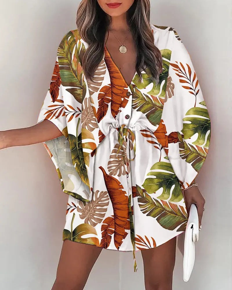 Robe femme décontractée – Coupe fluide – Mini longueur – Manches volantées – Taille à nouer