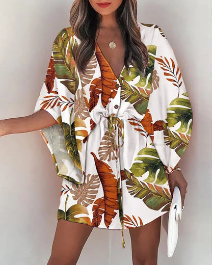 Robe femme décontractée – Coupe fluide – Mini longueur – Manches volantées – Taille à nouer
