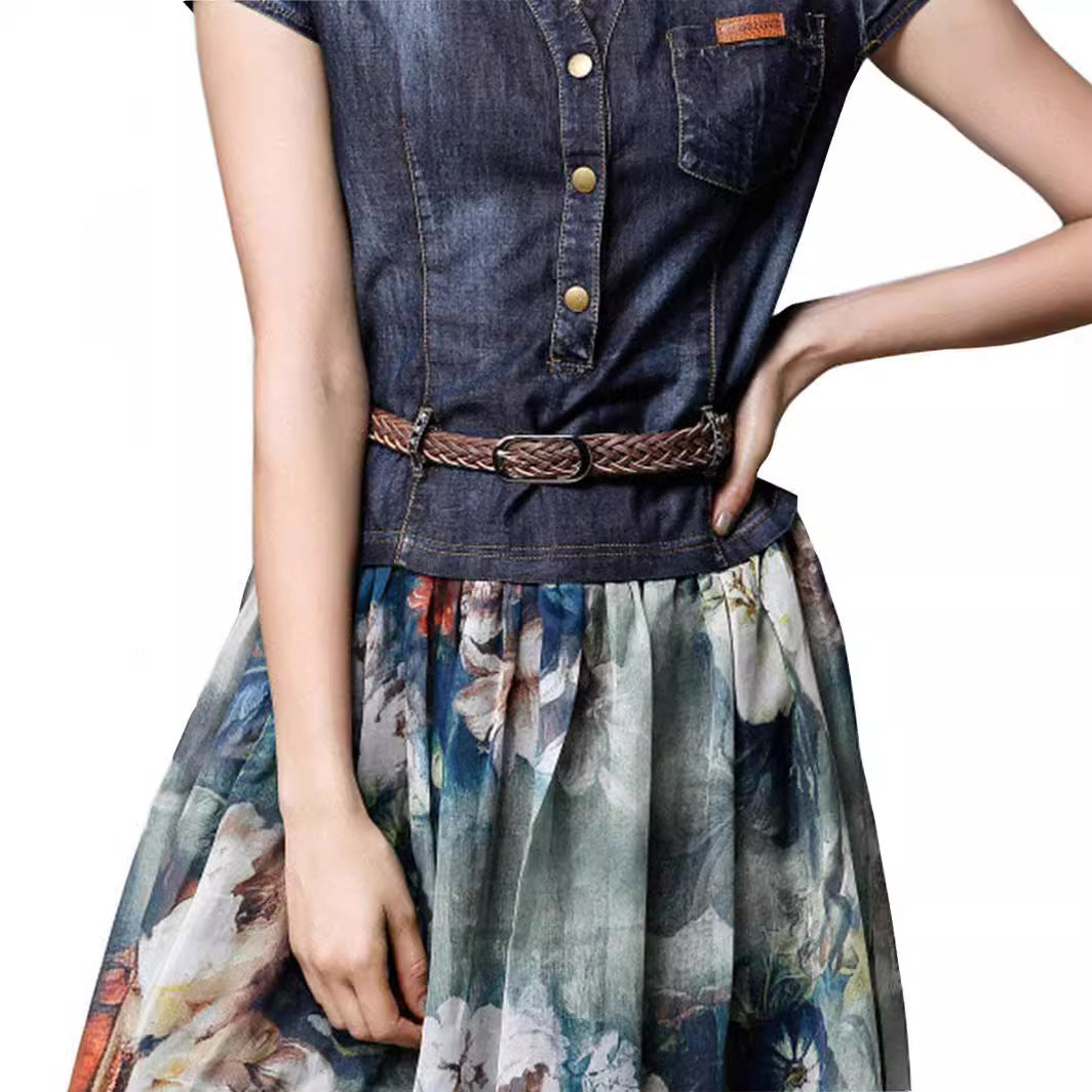 Robe longue femme – Décolleté en V – Ceinture tressée – Boutons – Tissu fluide respirant