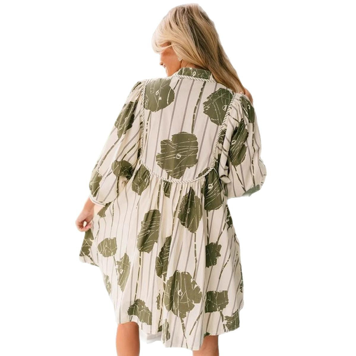 Robe courte femme – Coton – Manches bouffantes – Col en V – Taille cintrée