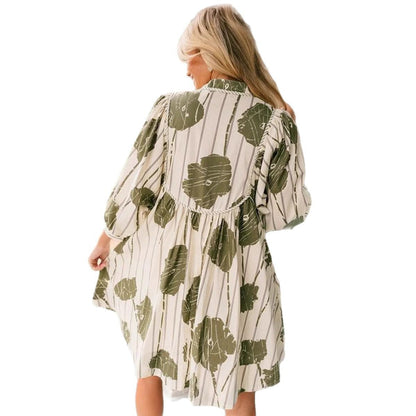 Robe courte femme – Coton – Manches bouffantes – Col en V – Taille cintrée
