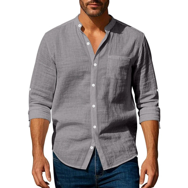Men's shirt – Breathable linen – Relaxed fit – Band collar – Buttoned cuffs