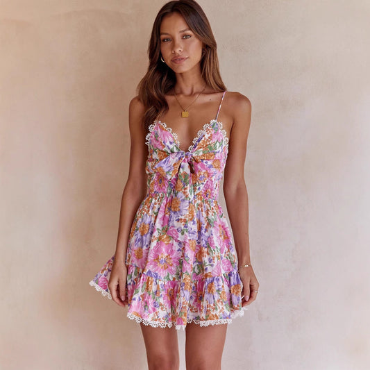 Robe Femme Mini Évasée – Bretelles Fines – Nœud Dos – Volants – Dentelle Fleurie