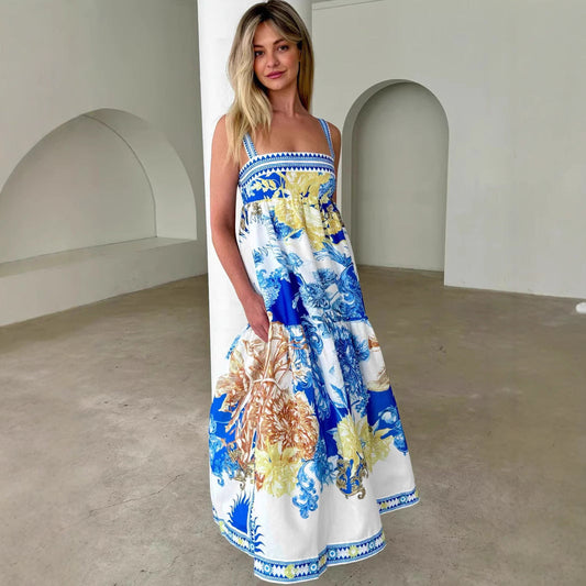 Robe longue femme – Coton – Coupe évasée – Bretelles fines à volants imprimés