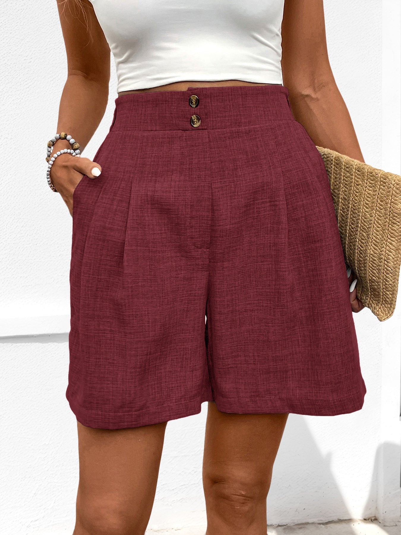 Short taille haute femme – Coupe ample – Pinces avant – Poches côtés