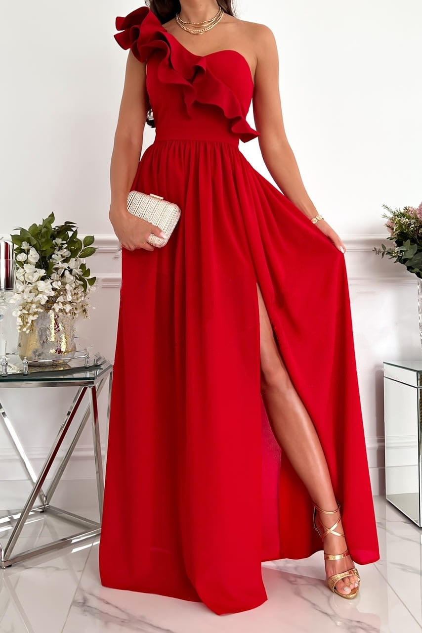Robe de soirée femme – Une épaule à volant – Fente élégante – Coupe fluide évasée