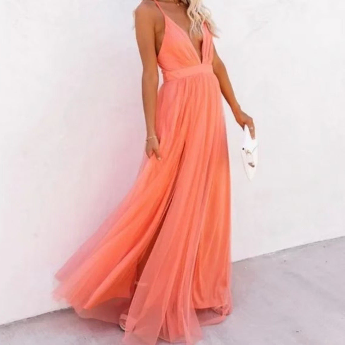 Robe longue femme – Sans manches – Décolleté en V – Taille cintrée – Tissu fluide