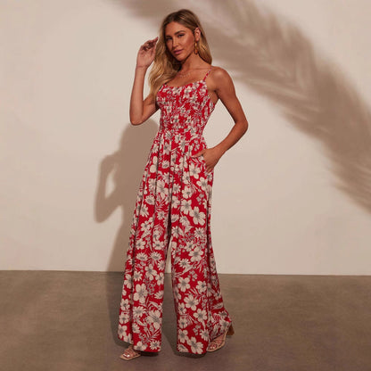 Combinaison Femme – Imprimé Floral – Coupe Large – Bretelles Fines – Haut Smocké