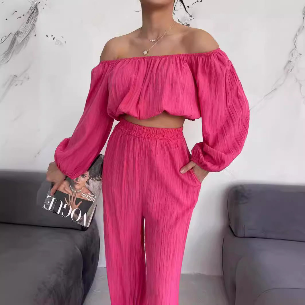 Women's Two-Piece Set – Off-Shoulder Top – High-Waist Wide-Leg Pants