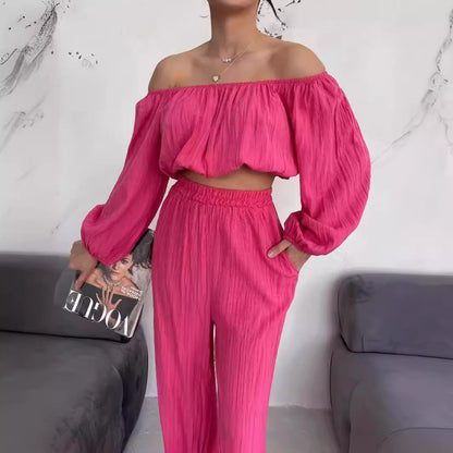 Women's Two-Piece Set – Off-Shoulder Top – High-Waist Wide-Leg Pants