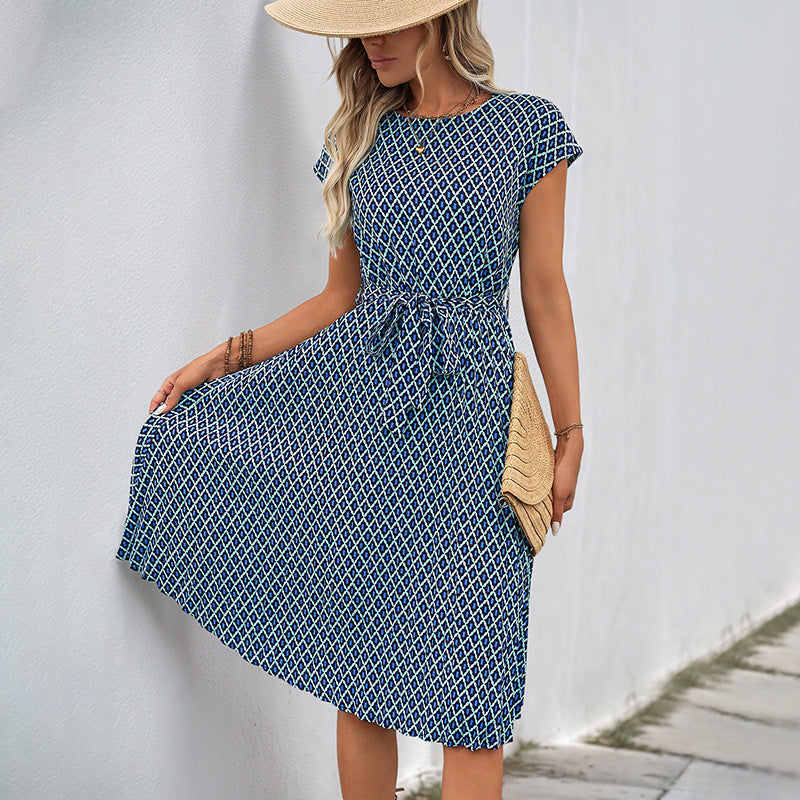Robe midi femme – Coupe ample – Taille nouée – Manches courtes – Motif graphique