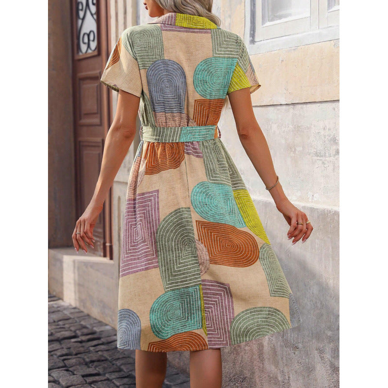 Robe Chemise Femme – Coupe Décontractée – Ceinture – Col Classique – Motifs Graphiques